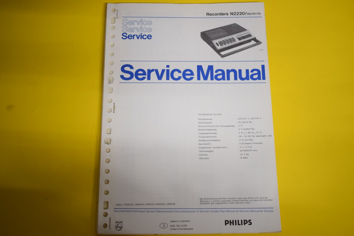 Philips N2220 cassettedeck Service Manual – German