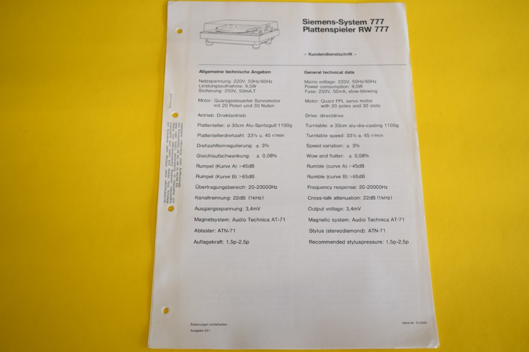 Siemens RW 777 Turntable Service Manual