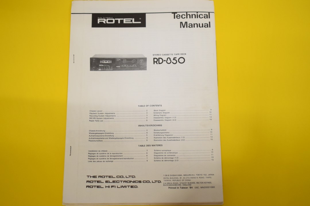 Rotel RD-850 Cassette Deck Service Manual