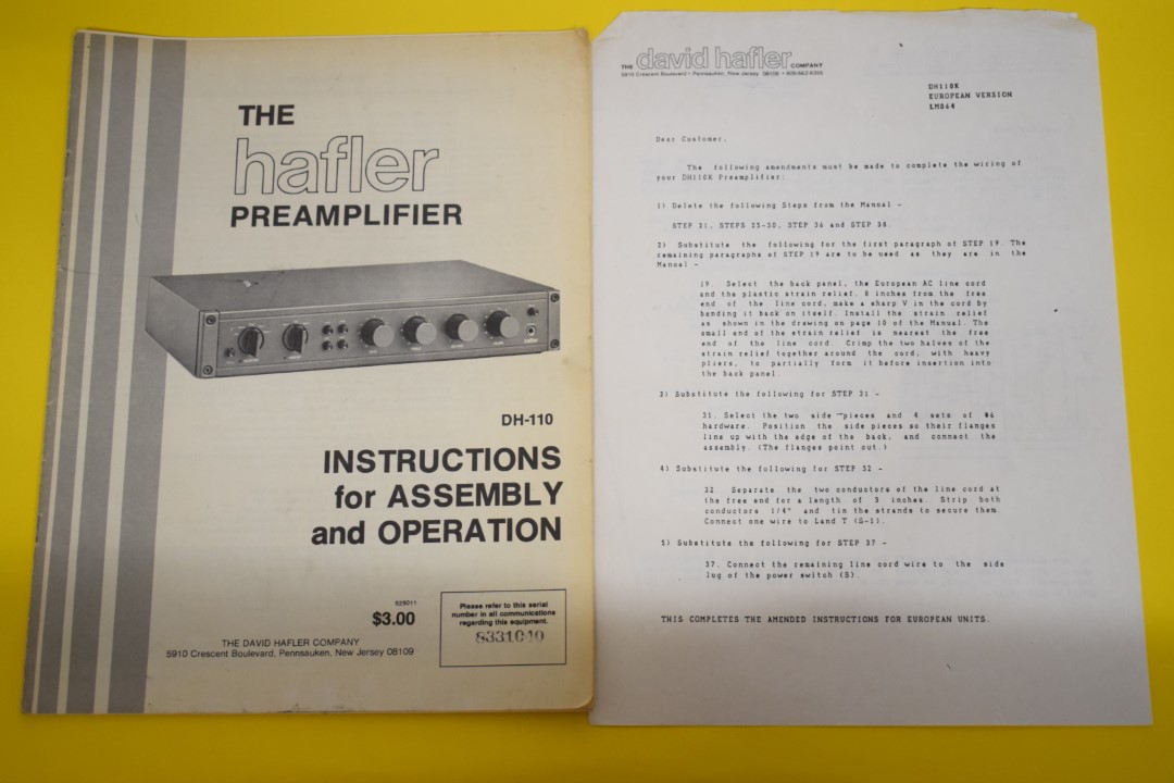 Hafler DH-110 Pre-Amplifier Instructions for assembly and operation