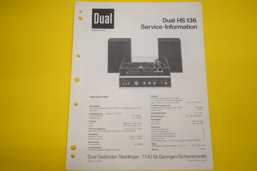 Dual HS 136 Turntable / Amplifier / Speaker Service Manual