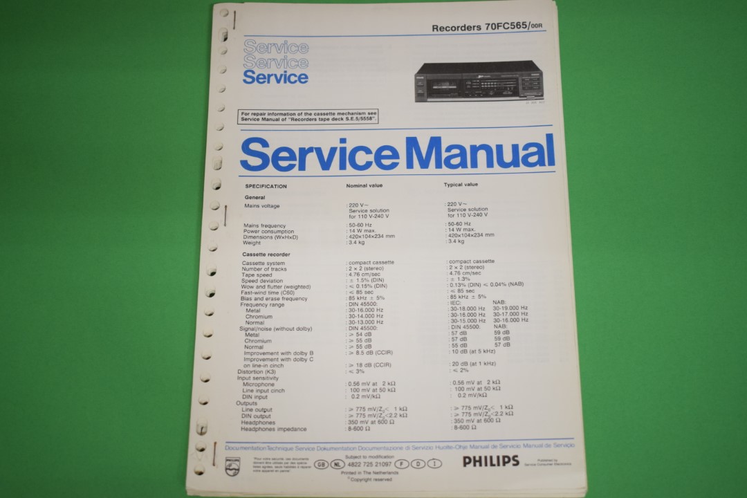 Philips 70FC565 Cassette Deck Service Manual