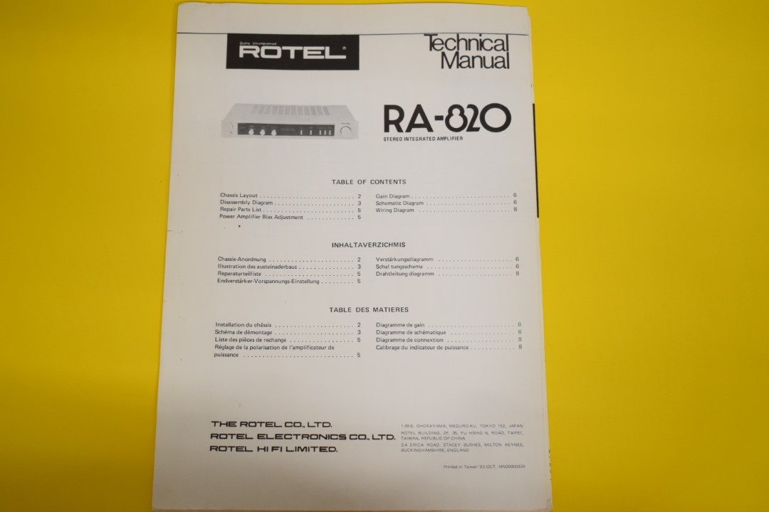 Rotel RA-820 Stereo Amplifier Service Manual