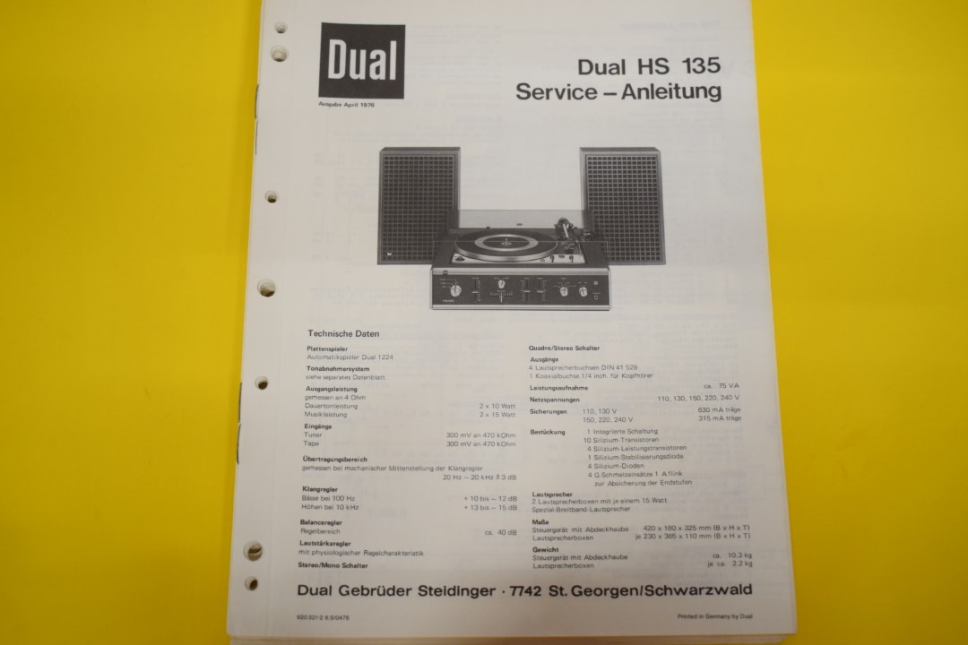 Dual HS 135 Turntable / Amplifier / Speaker Service Manual