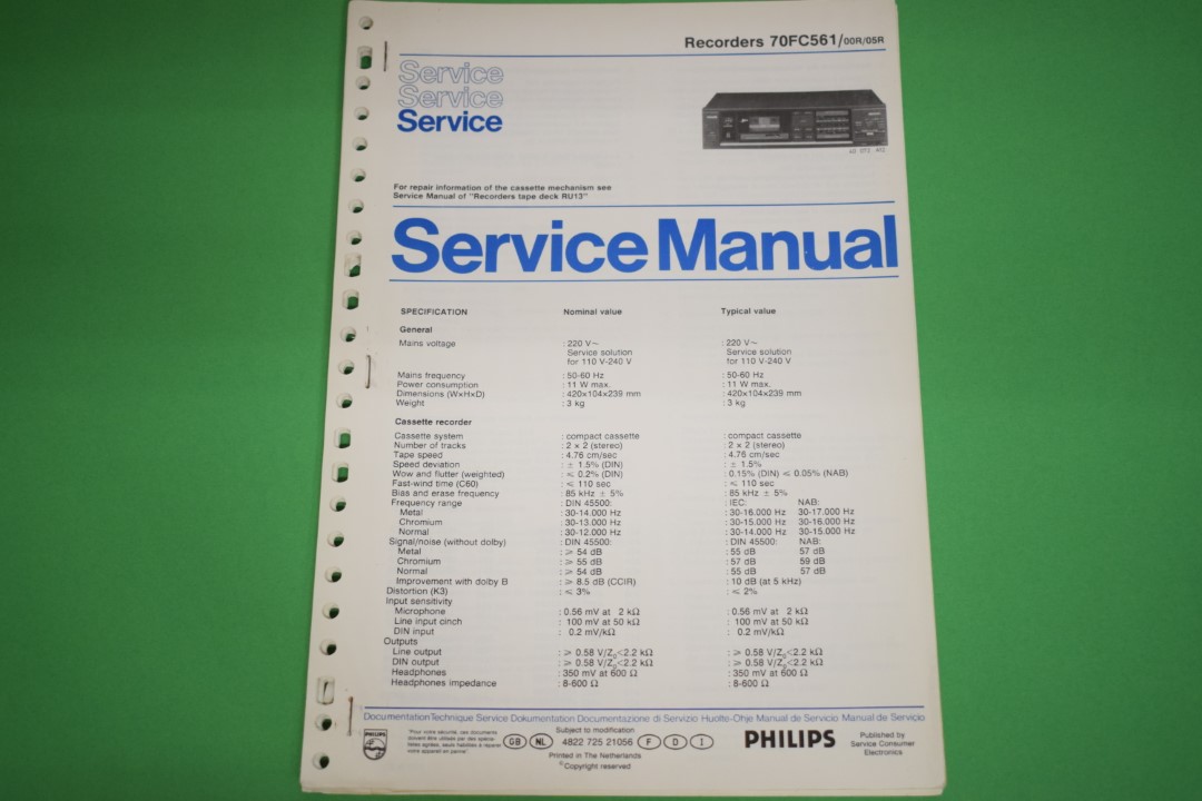 Philips 70FC561 Cassette Deck Service Manual