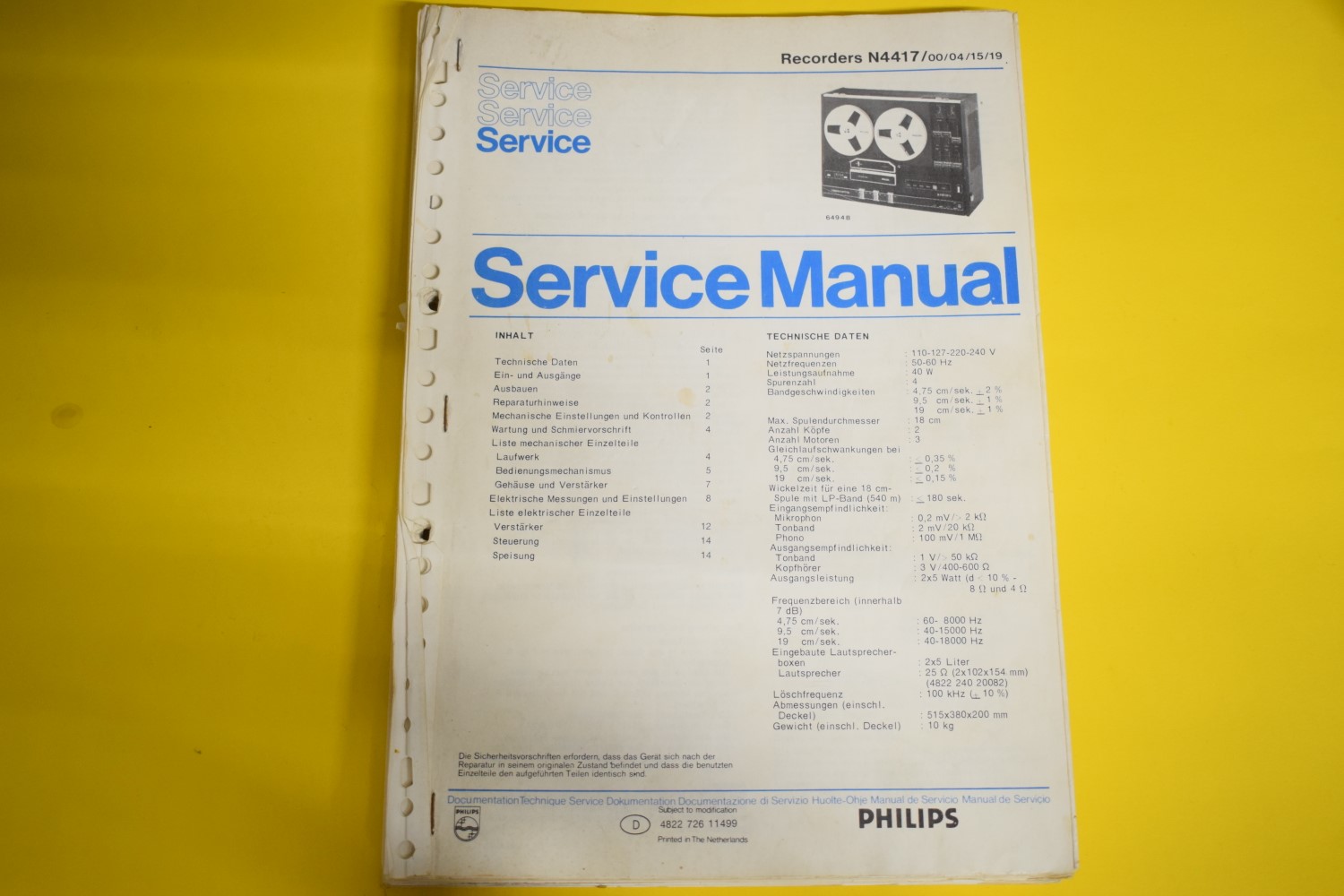 Philips N4417 Tape Recorder Service Manual – German