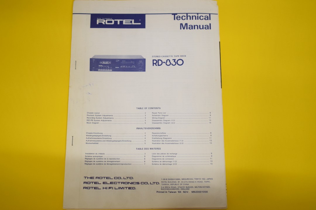 Rotel RD-830 Cassette Deck Service Manual