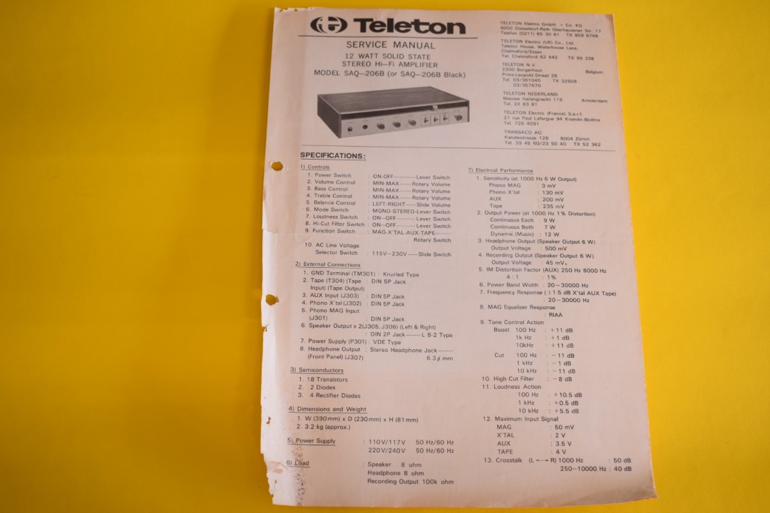 Teleton SAQ-206B (Black) Amplifier Service Manual 