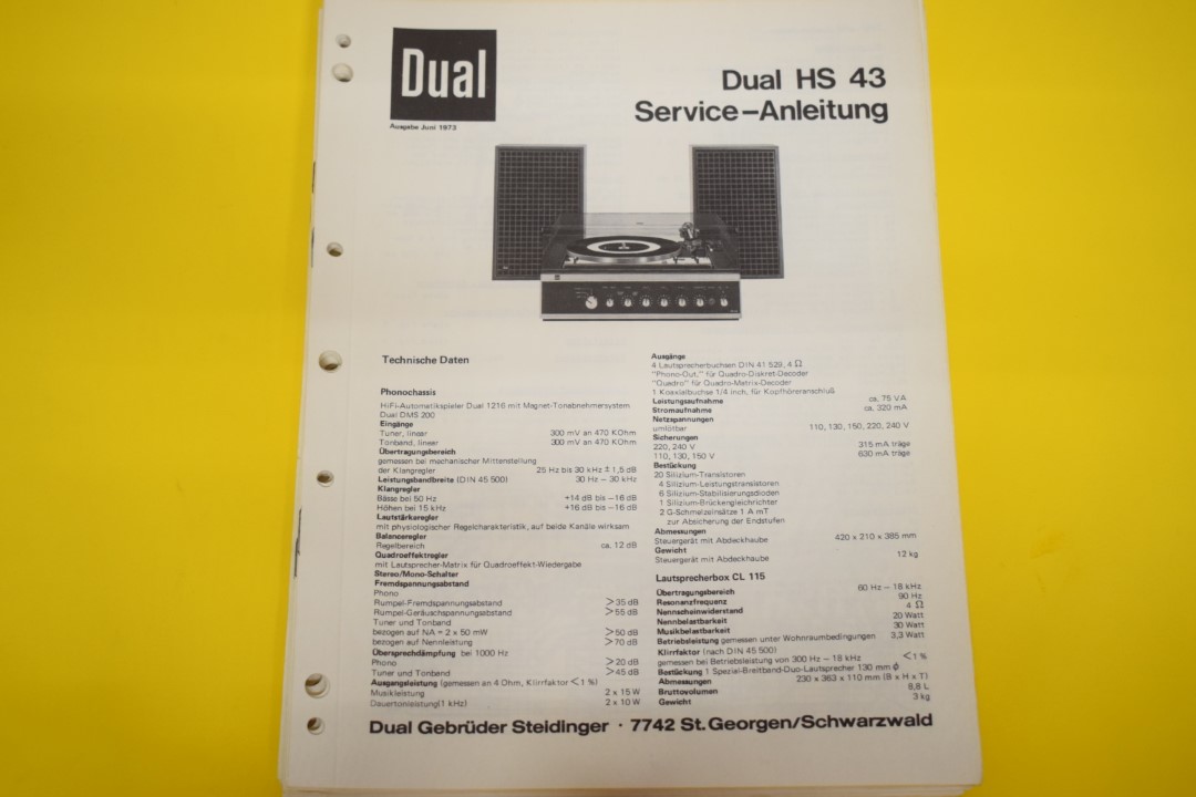 Dual HS 43 Turntable / Amplifier / Speaker Service Manual