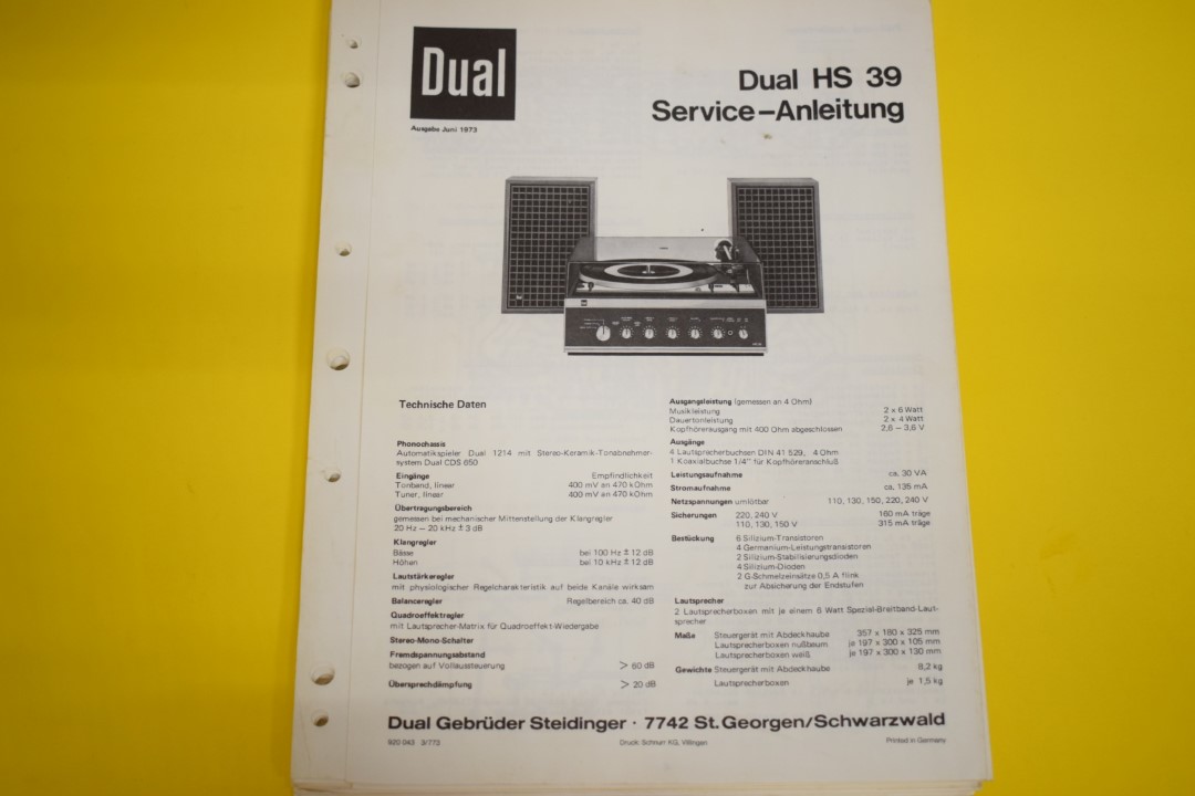 Dual HS 39 Turntable / Amplifier / Speaker Service Manual