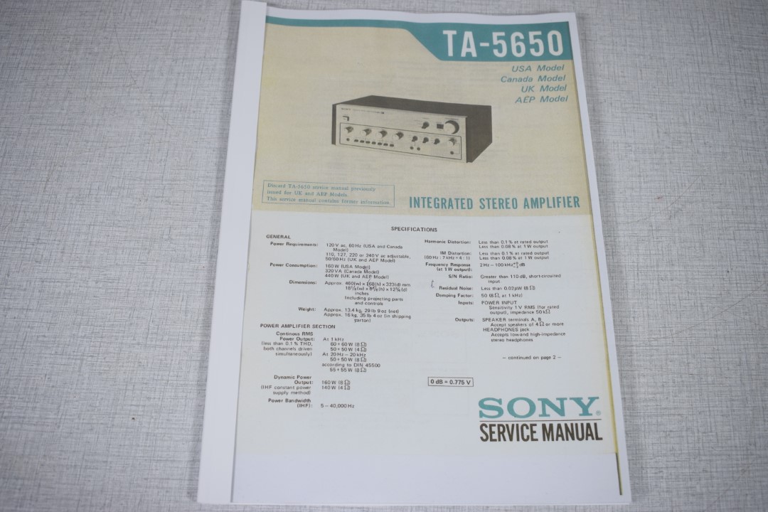 Sony TA-5650 V-FET Amplifier Photocopy Original Service Manual