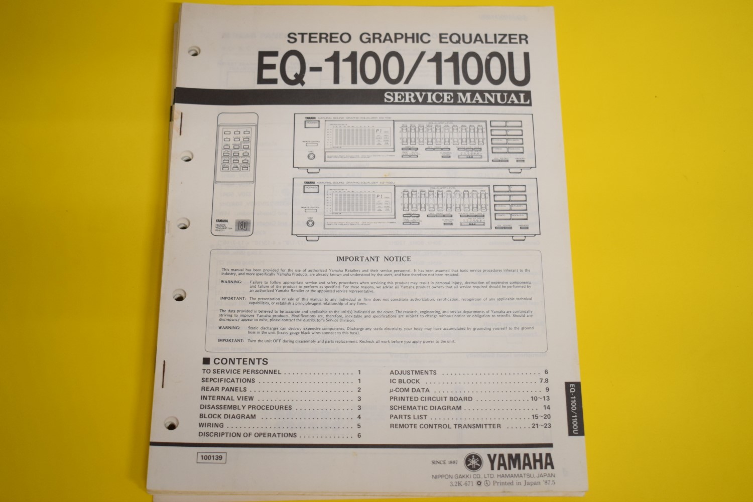 Yamaha EQ-1100/EQ-1100U Equalizer Service Manual