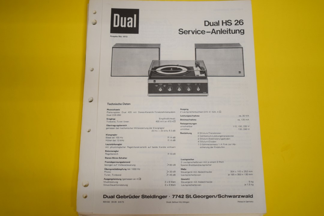 Dual HS 26 Turntable / Amplifier / Speaker Service Manual