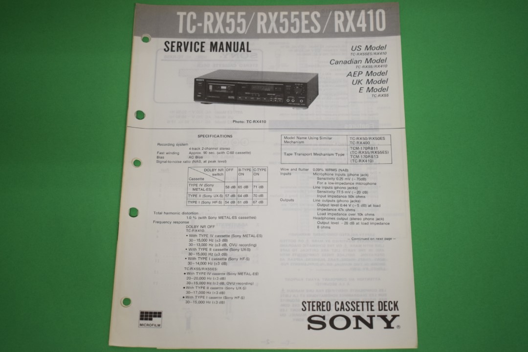 Sony TC-RX55 / RX55ES / RX410 Cassette Deck Service Manual